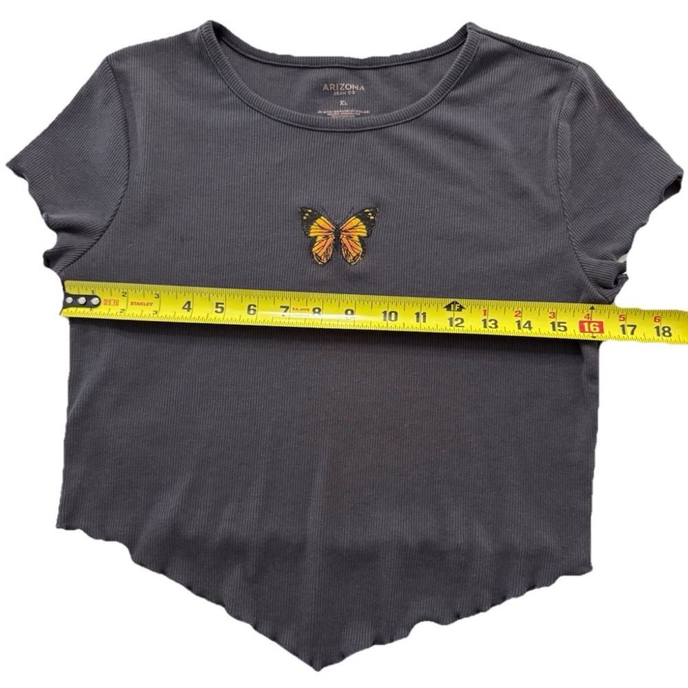 Arizona Jean Co Juniors XL Gray Ribbed Crop Top Butterfly Embroidered Stretch - Picture 4 of 7